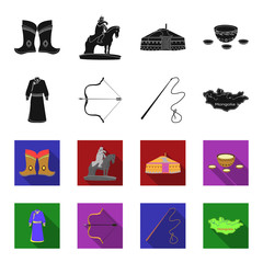 .mongol dressing gown, battle bow, theria on the map, Urga, Khlyst. Mongolia set collection icons in black,flet style vector symbol stock illustration web. © pandavector