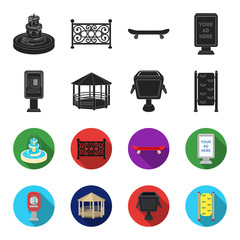 Telephone automatic, gazebo, garbage can, wall for children. Park set collection icons in black,flet style vector symbol stock illustration web. © pandavector