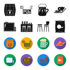 TV, bar counter, chairs and armchairs, potato chips.Pub set collection icons in black,flet style vector symbol stock illustration web. © pandavector