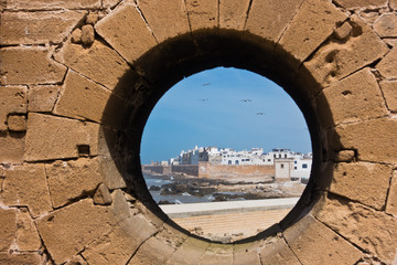 Essaouira aerial panoramic cityscape view from old Portugese fortress Sqala du Port at the coast of Atlantic ocean in Morocco, North Africa