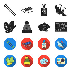 Mittens, warm hat, ski piste, motion camera. Ski resort set collection icons in black,flet style vector symbol stock illustration web. © pandavector