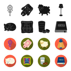 Sleeping cat, night outside the window, milk and biscuits, fairy tales. Rest and sleep set collection icons in black,flet style vector symbol stock illustration web. © pandavector