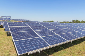   Close up rows array of polycrystalline silicon solar cells or photovoltaics in solar power plant alternative turn up skyward absorb the sunlight from the sun 