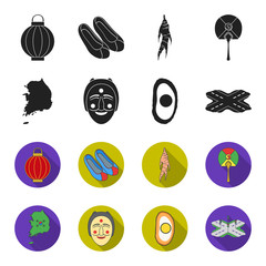 A map of the state with a flag, a Korean mask, a national egg meal, a crossroads with traffic lights. South Korea set collection icons in black,flet style vector symbol stock illustration web. © pandavector