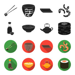 Soy sauce, noodles, kettle.rolls.Sushi set collection icons in black,flet style vector symbol stock illustration web. © pandavector