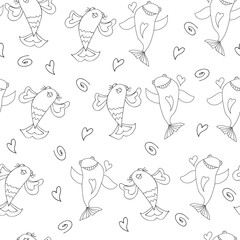 Cute fish seamless pattern vector black and white