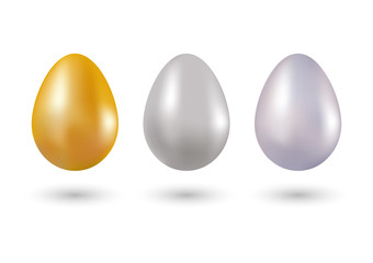 Set of metallic eggs gold, silver and platinum in 3d vector. Objects for creative design. Three shapes in golden, silver and platinum colors with light and shadow