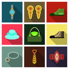 Set with icons on theme of shopping and clothes . Vector illustration.
