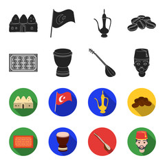 Turkish carpet, saz, drum, turkish men.Turkey set collection icons in black,flet style vector symbol stock illustration web. © pandavector