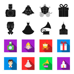 Wedding dress, groom, gramophone, church. Wedding set collection icons in black,flet style vector symbol stock illustration web. © pandavector