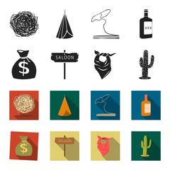 Bag of money, saloon, cowboy kerchief, cactus. Wild west set collection icons in black,flet style vector symbol stock illustration web. © pandavector