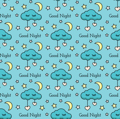 Vector seamless pattern with moon, cloud and stars. Children vector illustration.