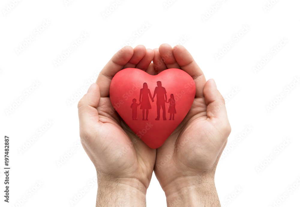 Poster red heart with imprinted family shape in man's hands.