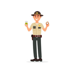 Cheerful town male sheriff police officer character in official uniform holding cup of coffee and donut vector Illustration on a white background