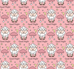 Vector seamless pattern with lamb, moon, cloud and stars. Children vector illustration.