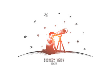 Business vision concept. Hand drawn looking for success via telescope monocular. Businessman searching for new idea isolated vector illustration.