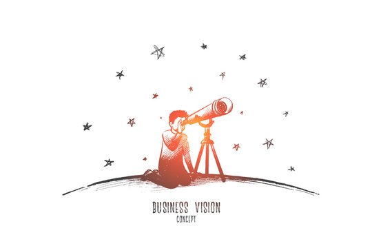 Business vision concept. Hand drawn looking for success via telescope monocular. Businessman searching for new idea isolated vector illustration.