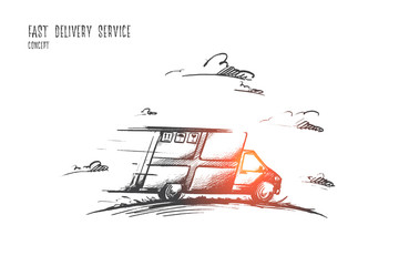 Fast delivery service concept. Hand drawn delivery by car. Courier delivery service isolated vector illustration.
