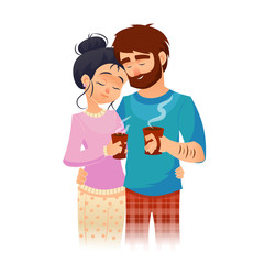 Couple in love drinking morning coffee. Young man and woman drinks coffee or tea. Vector romantic illustration.