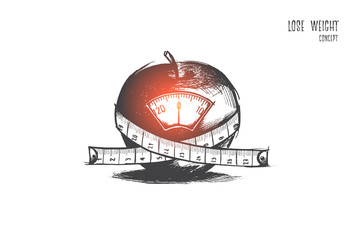 Lose weight concept. Hand drawn apple with scales and centimeter. Diet food and healthy concept isolated vector illustration.