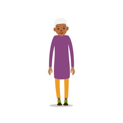 Old woman. Elderly afroamerican woman stand and her arms are lowered along body. Illustration isolated on white background in flat style. Full length portrait of old ladie, senior or grandmother