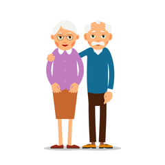 Couple older people. Two aged people stand. Elderly man and woman stand together and hug each other. Illustration isolated on white background in flat style