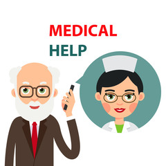 Doctor on phone. Elderly man calls doctor on phone. Female doctor is talking on phone with sick man. Cartoon illustration isolated on white background in flat style