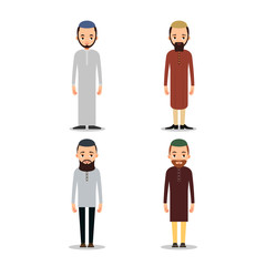 Set Muslim man or Arab man stand in the traditional clothing. Isolated characters of representatives of Islam on a white background in a flat style