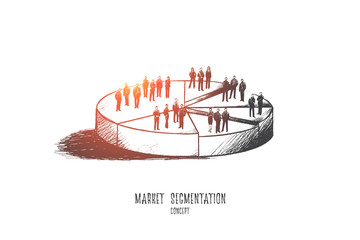 Market segmentation concept. Hand drawn illustration of a pie chart. Sectors with different people isolated vector illustration. - obrazy, fototapety, plakaty