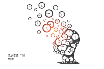 Planning time concept. Hand drawn human head with a lot of clocks. Time management idea isolated vector illustration.