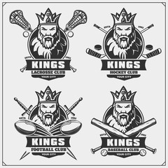 Obraz premium Lacrosse, football, baseball and hockey logos and labels. Sport club emblems with king.
