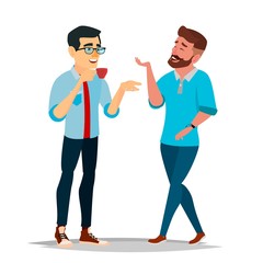 Obraz premium Talking Men Vector. Laughing Friends. Talking Colleagues. Communicating Male. Business Person. Teamwork. Men Talk, Discussion. Isolated Flat Cartoon Illustration