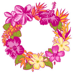 Flower frame on white background. Tropical wreath