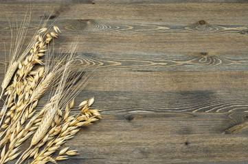 Spikes of ripe, mature wheat and barley in the lower left corner of the image on a background of dark wood.