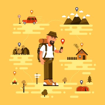 Bearded traveling tourist uses smartphone to find location. Icons of GPS, car, mountains with clouds, tent, fire, forest and country house. Vector illustration.