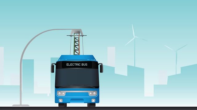 A blue electric bus drives up to the charging station and pushes the pantograph for charging. 4K animation