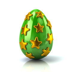 Green Easter egg with golden stars 3d illustration on white background