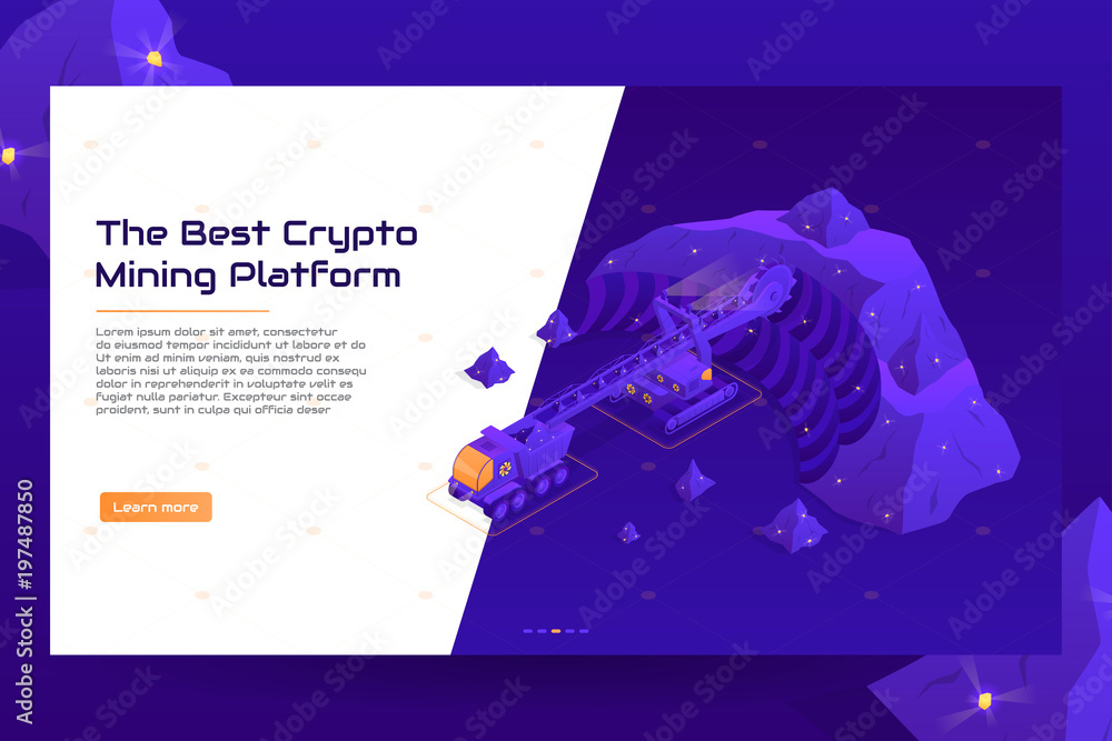 Poster isometric crypto mining concept web banner. concept of cryptocurrency mining. vector illustration wi