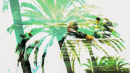 Double exposure image of tropic palms and old man sitting, memories of youth