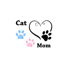 Cat Mom. Pink and blue paw print with hearts. Happy Mother's Day background