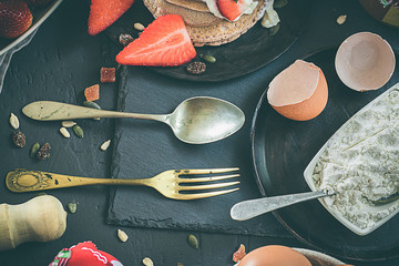 Pancakes with strawberries and yogurt. Healthy breakfast food set.