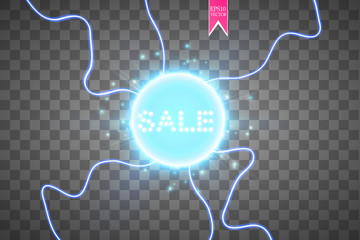 Sale glowing neon sign on the blue background. Light vector background for your advertise, discounts and business