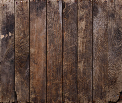 Vintage weathered wood planks background texture with rusty nails flat lay