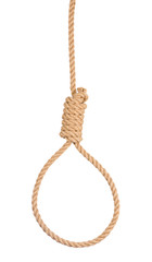 Rope noose with tight hangman knot isolated on white background