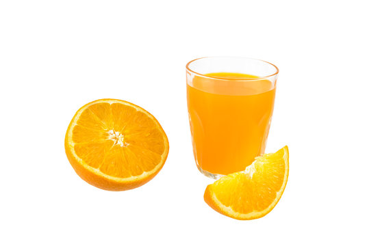 Glass of Fresh Orange Juice, Half crescent Orange Fruit on white background