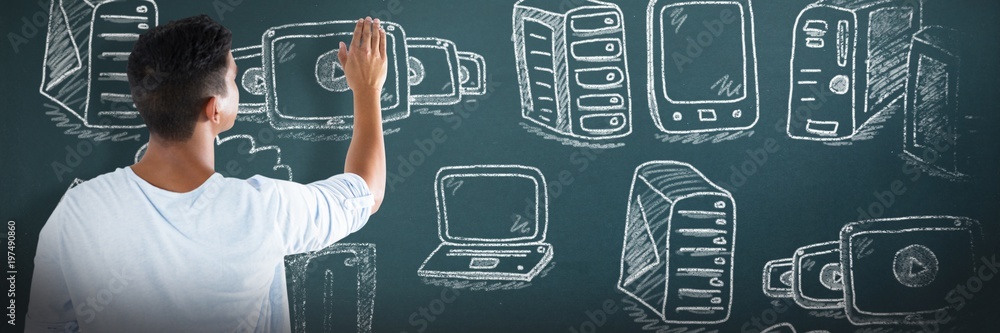 Poster composite image of man pretending to touch an invisible screen
