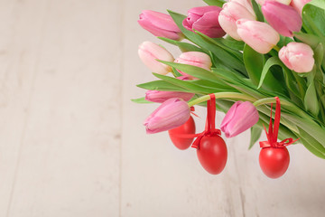 Red easter eggs hanging