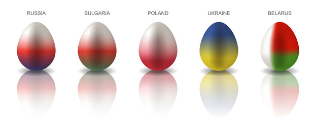Set of 5 Easter eggs painted in the colors of Eastern European countries flags: Russia, Bulgaria, Poland, Ukraine and Belarus. Semi realistic vector illustration, isolated on white background