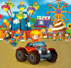 cartoon scene with happy and funny kids on the playground and in the car cabriolet - illustration for children