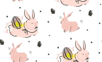 Hand drawn vector abstract sketch graphic scandinavian freehand textured modern collage Happy Easter cute simple bunny illustrations seamless pattern and Easter eggs isolated on white background